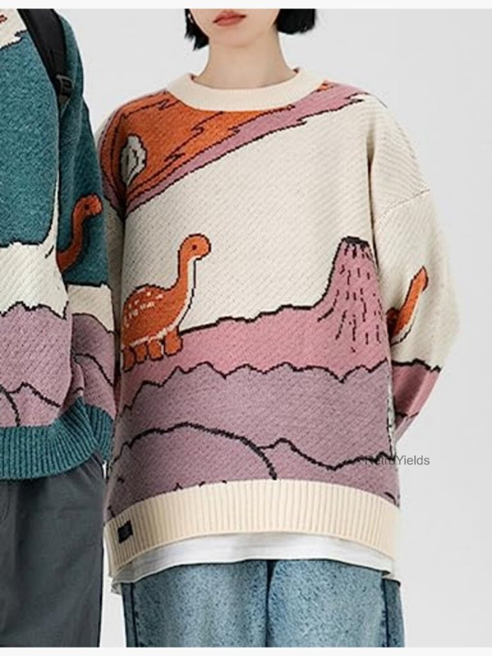 Oversized Dinosaur Knit Pullover Sweater Unisex Crewneck - Picture 4 of 7